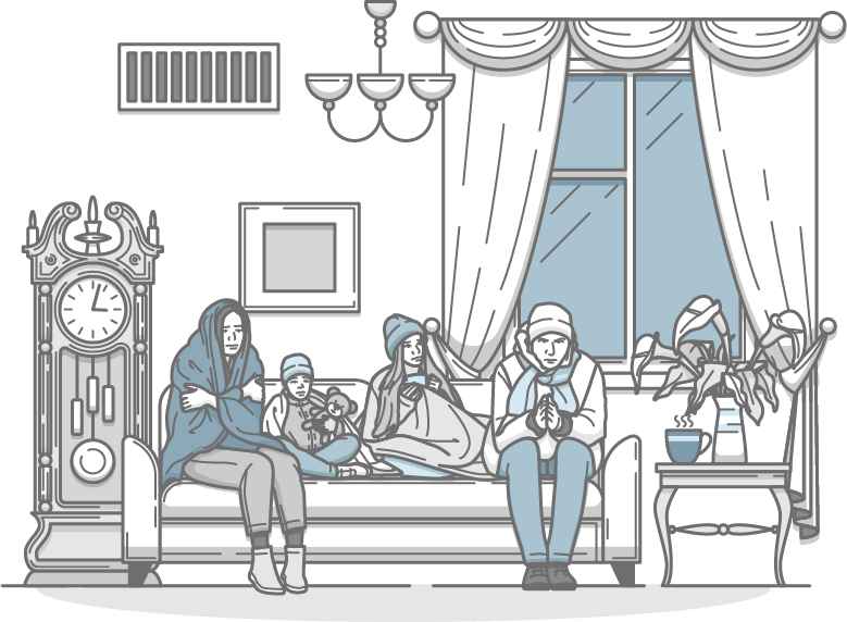 Family bundled in blankets indoors due to furnace not turning on, awaiting HVAC repair in Seattle.