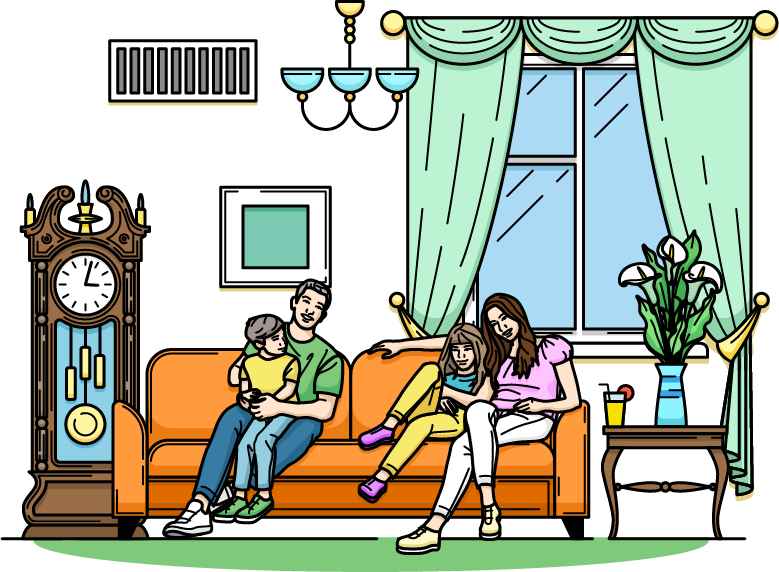 Illustration of a family sitting on a couch in a living room with a visible air vent and a grandfather clock, representing concern over a furnace not working.