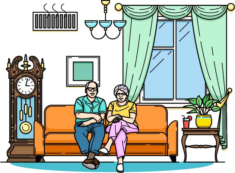Senior couple sitting on a sofa in a cozy living room with a furnace vent blowing cold air, indicating HVAC issues.