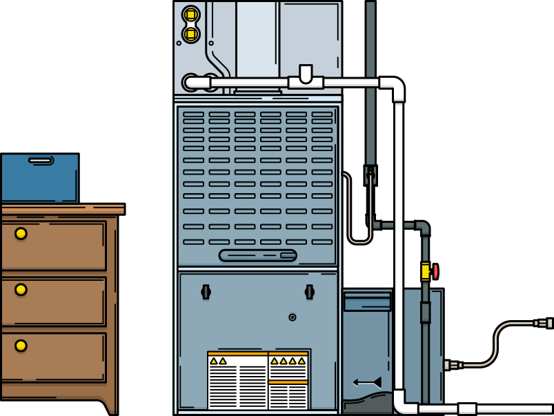Illustration of a residential HVAC furnace system next to a filing cabinet, highlighting the setup for expert HVAC maintenance or repair.