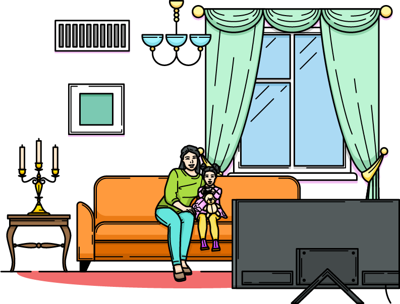 Illustration of a woman and child sitting on a couch in a living room, watching TV with an inactive air conditioning vent overhead.