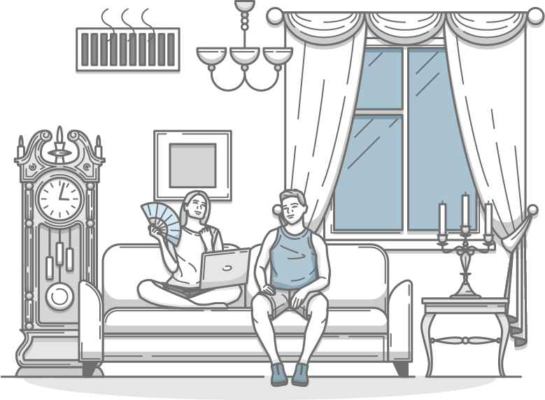 A frustrated couple sits in a warm room using a fan, highlighting a cooling issue with their air conditioner despite the HVAC system being on.