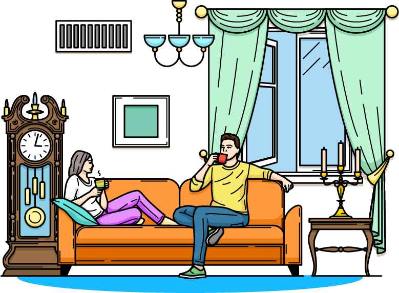 Couple sitting indoors on a sofa drinking hot beverages, appearing uncomfortable due to ineffective air conditioning.
