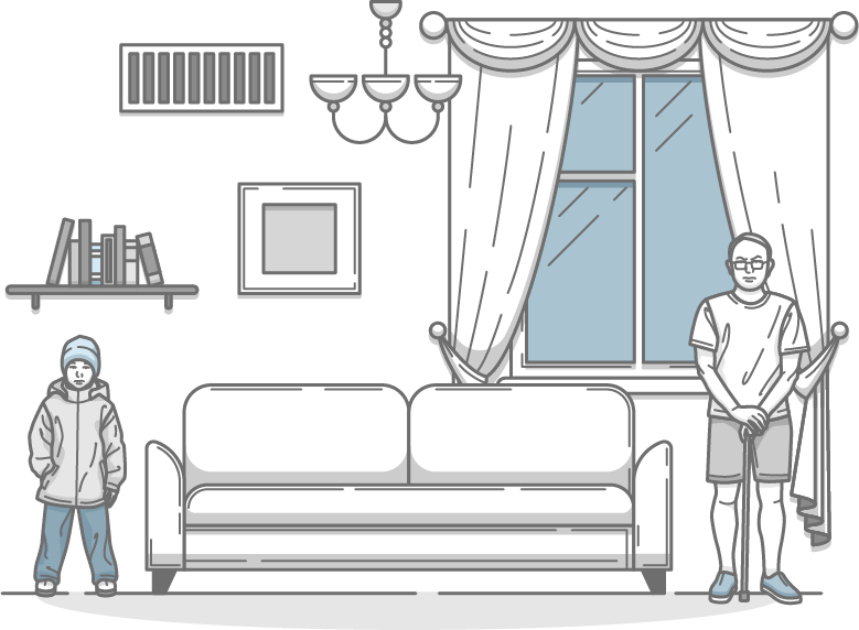Illustration of a home interior showing a bundled-up child and a man in summer clothing, highlighting uneven heating or cooling caused by HVAC issues.
