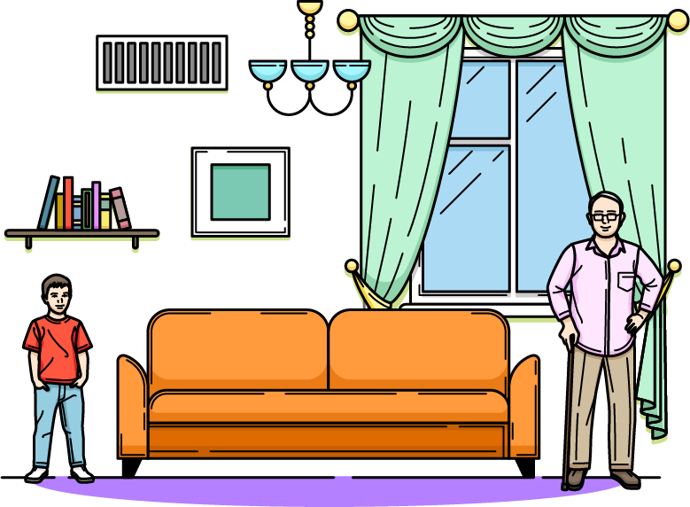 Illustration of a living room with a child and an adult standing apart, representing uneven heating or cooling across different areas of the room.
