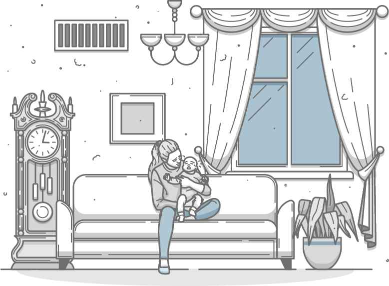 Illustration of a concerned mother holding her baby on a sofa in a dusty room, highlighting poor indoor air quality caused by HVAC system issues.