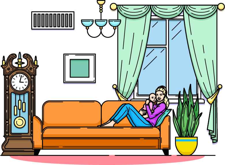 Illustration of a woman holding a baby on a couch in a living room with a visible air vent and indoor plants, representing concern over poor indoor air quality.