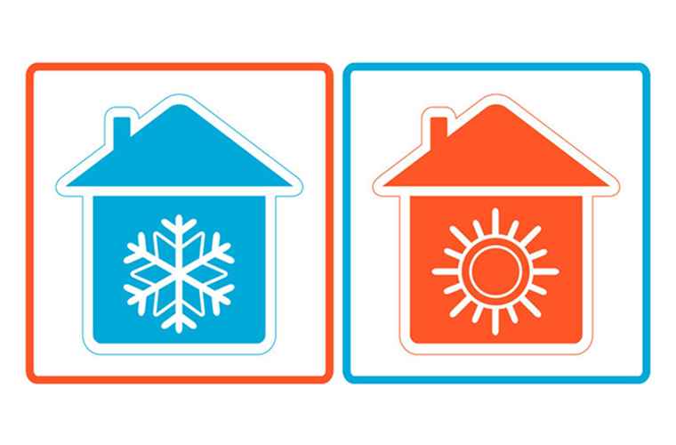Blue and red house icons representing uneven heating and cooling in a home, with snowflake and sun symbols inside each house.